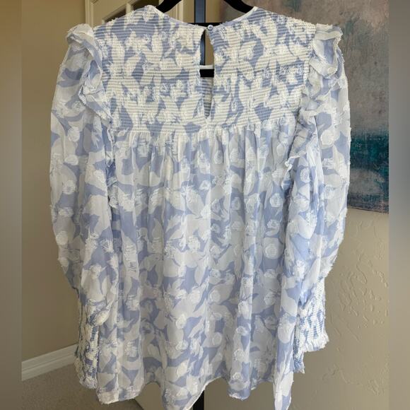 Joie Jamila Silk Blend White Blue Floral Sheer Textures Blouse Womens Size Large - Picture 7 of 11